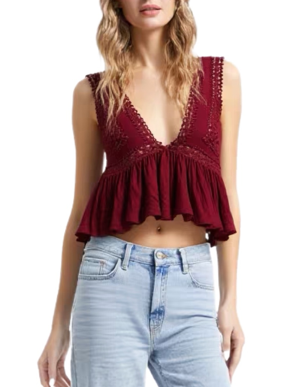 Kimchi Blue Dark Red Crochet Cropped Peplum Crop Top Size Small
